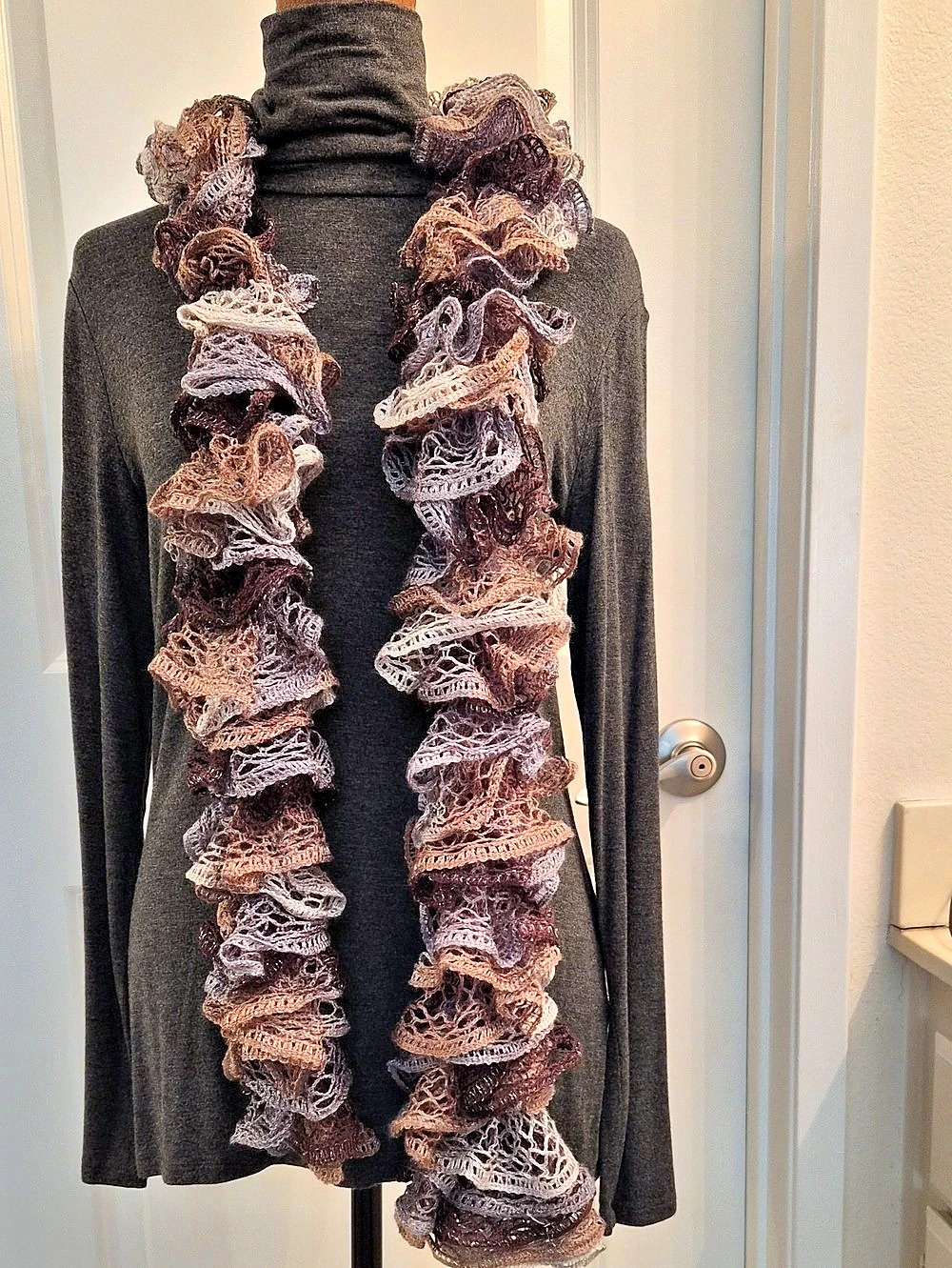 Ruffled Knit Scarf in Brown & Purple